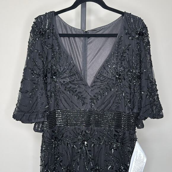 MAC DUGGAL Women’s Black Beaded V-Neck Sheer Cape Gown - Picture 4 of 14